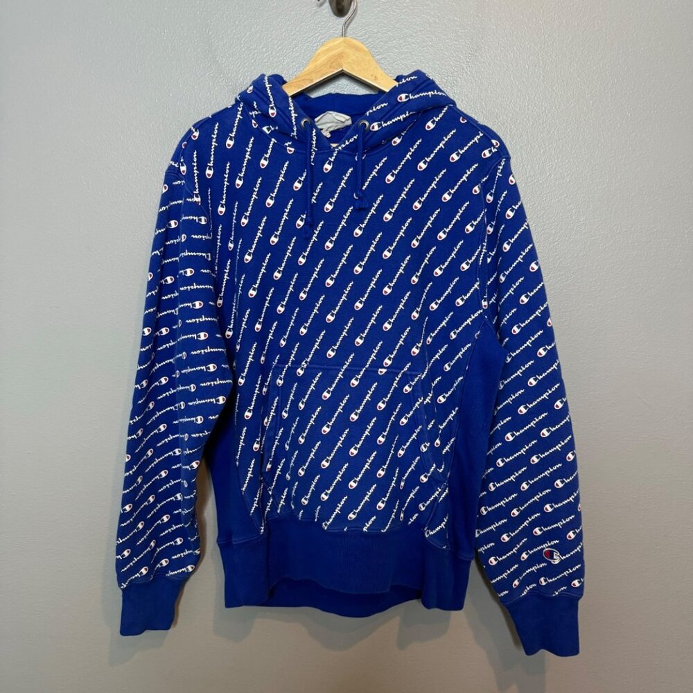 CHAMPION reverse weave royal blue allover logo pullover sweatshirt size M